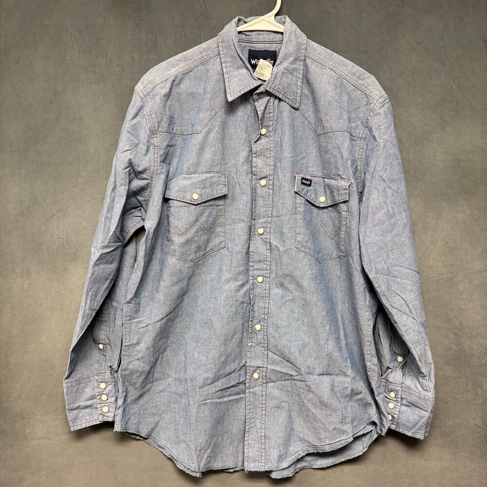 Wrangler Western Chambray Pearl Snap Shirt Men’s L Cowboy Denim Vintage Style